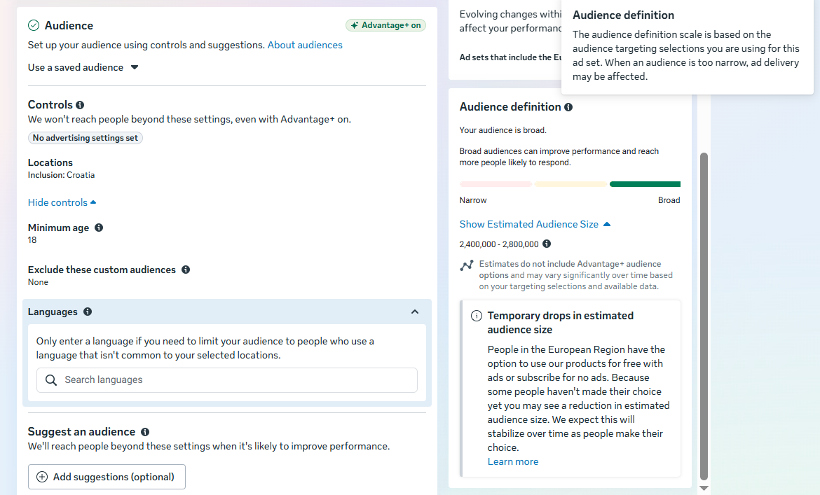 Meta Ads Manager procjena korisnika u Hrvatskoj